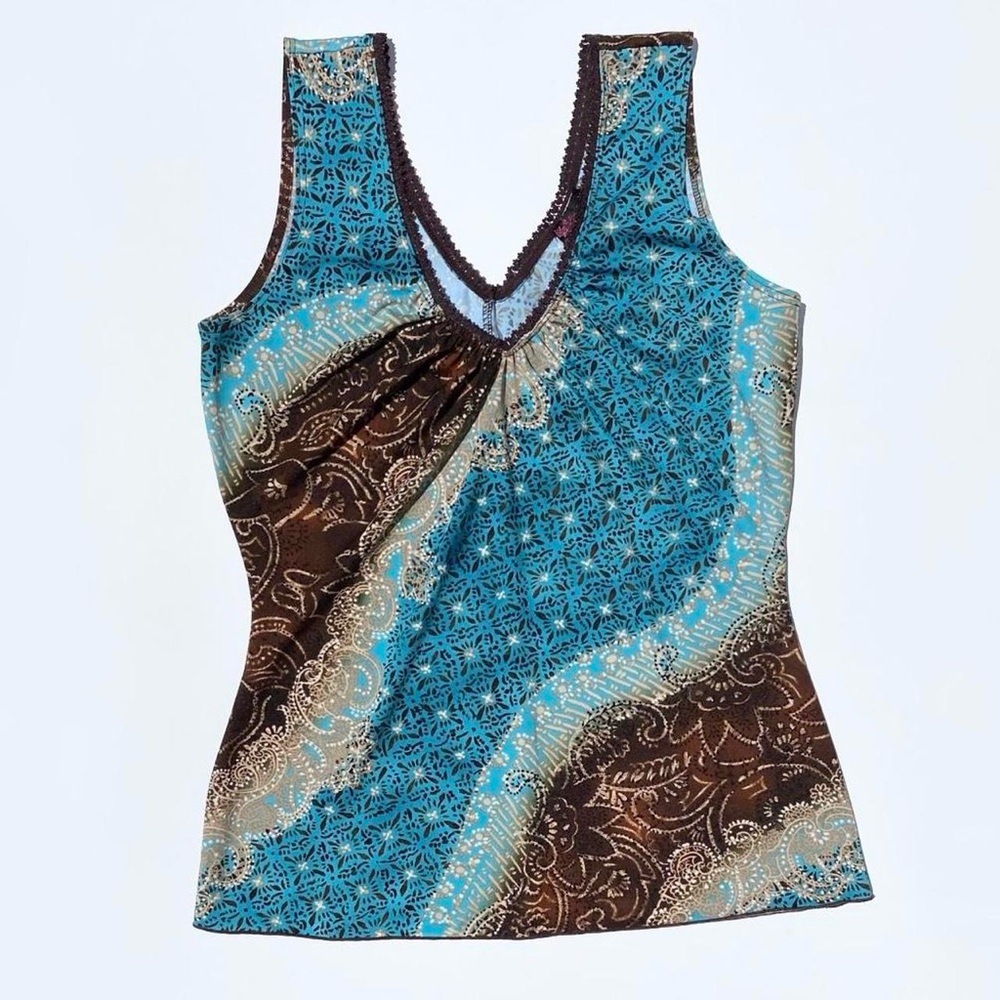 Vintage Blue and Brown Paisley V-Neck Top Women's Medium Bohemian Y2K Cottage